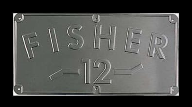 Certainly! Here’s a detailed description based on your provided information, using conventions common for industrial or manufacturer nameplates: --- This is a metal manufacturer’s nameplate featuring the prominent embossed company name "FISHER" centered near the top. Directly below "FISHER," the number "12" appears in similarly raised text, possibly signifying a model or size designation. The entire layout is contained within a rectangular border with rounded corners, providing both structural integrity and visual cohesion. Small screw holes are present at (or near) each corner of the plate, allowing for secure attachment to equipment or machinery. The durable metal construction and clear embossing suggest it serves as an identification marker, likely for products manufactured by Fisher—a well-known industrial and instrumentation company. --- If additional context about material finish or color is available (such as brushed aluminum or painted background), those details can further specify this description!.