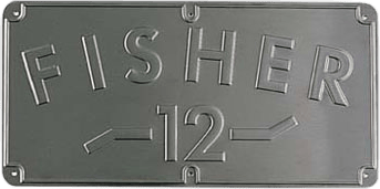 This metal nameplate is rectangular in shape, featuring a thin, raised border and rounded corners. Each corner is anchored by a round screw, giving it a secure and industrial appearance. The upper portion of the plate prominently displays the embossed company name “FISHER” in bold lettering, signifying the brand or manufacturer. Centered beneath this, the number “12” is also embossed and stands out at the middle of the plate—likely indicating a model number or product line from Fisher. The overall aesthetic suggests durability and clear identification for equipment or machinery associated with Fisher products.