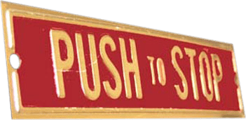 Certainly! Here’s a detailed description of the metal nameplate: This is a rectangular metal nameplate designed for industrial or commercial equipment. The plate features a striking two-tone color scheme: a bold red background occupies most of the surface, while a bright yellow border frames the perimeter, making the sign highly visible. Raised, centered lettering reads "PUSH TO STOP" in prominent, bold capital letters for clear legibility and immediate recognition. Such nameplates are commonly manufactured by companies like Brady or Seton, known for their durable and safety-oriented signage used on machinery and control panels to indicate emergency stop functions.