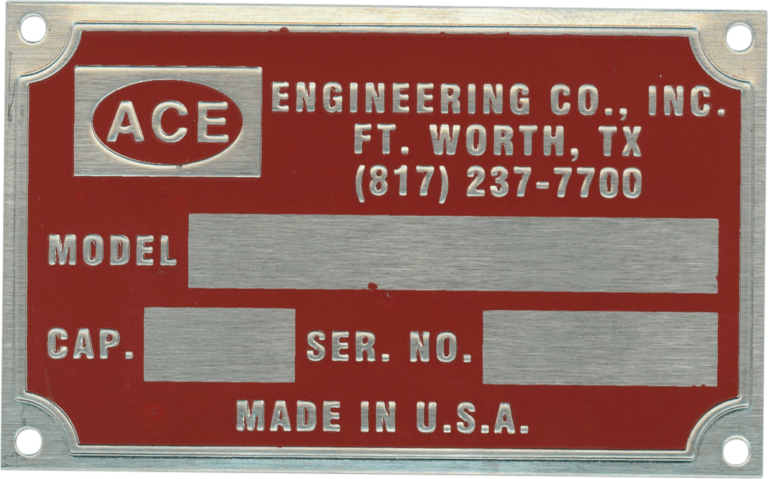 Certainly! Here’s a descriptive text for the nameplate based on your details: This is a rectangular metal nameplate for ACE Engineering Co., Inc., located in Ft. Worth, Texas. The nameplate features a striking red background with silver engraved lettering and borders, giving it a sharp and professional appearance. Prominently displayed is the company name, along with designated spaces to fill in key information such as model number, capacity, and serial number. At the bottom of the plate, "MADE IN U.S.A." is proudly engraved, emphasizing its American manufacturing origin. Let me know if you’d like this description tailored or further expanded!.