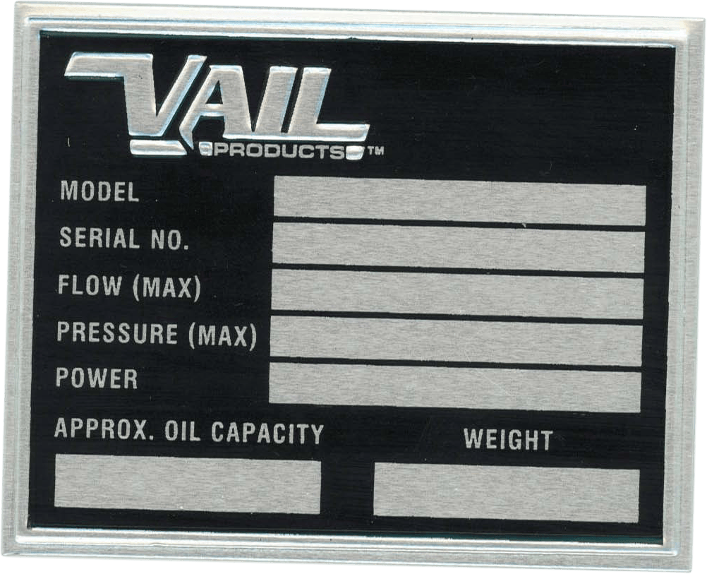 This is a blank Vail Products equipment nameplate, designed for attachment to heavy machinery or attachments manufactured by the company. The nameplate features a sleek black and silver background, giving it a professional and durable appearance. Prominently displayed at the top is the Vail Products company name. Below this are labeled fields for essential equipment information: Model, Serial Number, Flow (max), Pressure (max), Power, Approximate Oil Capacity, and Weight. Each field provides space to be stamped or engraved with specific data related to the individual unit. This type of metal identification plate is typically affixed to Vail Products equipment so users can reference critical technical specifications at a glance.