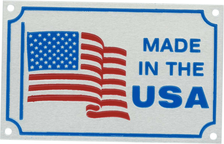 This metal nameplate prominently displays a vibrant red, white, and blue American flag on the left side, symbolizing patriotism and national pride. On the right side, set against a sleek silver background with a bold blue border, are the words "MADE IN THE USA" in large, bold blue letters. The design creates a strong visual impact that immediately communicates the product’s origin. If incorporating an example company name typical of such plates: Centered either above or below "MADE IN THE USA," you might find the company name—such as “Acme Manufacturing Co.”—also rendered in clear blue lettering to maintain consistency with the theme. This professional and eye-catching layout not only emphasizes domestic manufacturing but also reinforces brand identity in an unmistakably American style.