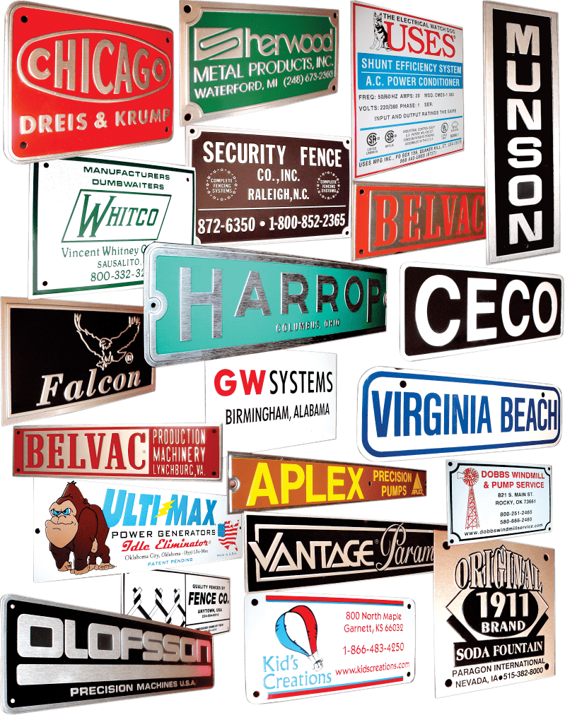 A collage of various industrial and business signs, featuring nameplates from companies such as Chicago Dreis & Krump, Munson, Security Fence, Whitco, Harrop, CECO, and others.