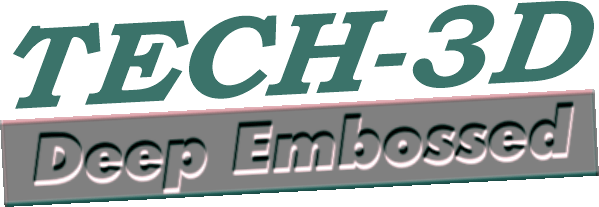 Certainly! Here is a descriptive summary of the metal nameplate, based on your details: The nameplate features a striking text logo at the top, with "TECH-3D" rendered in large, italicized letters colored in a vibrant teal. Below this logo sits a sleek, grey metal nameplate with an embossed effect that adds both depth and texture. Prominently displayed on the nameplate are the words "Deep Embossed," styled in bold, three-dimensional letters that appear to rise from the surface. These letters are colored with soft shades of light pink and white, enhancing their standout appearance against the metallic background. Overall, the design conveys modernity and technical sophistication—an eye-catching piece likely representing TECH-3D as an innovative company specializing in advanced embossing or fabrication techniques.